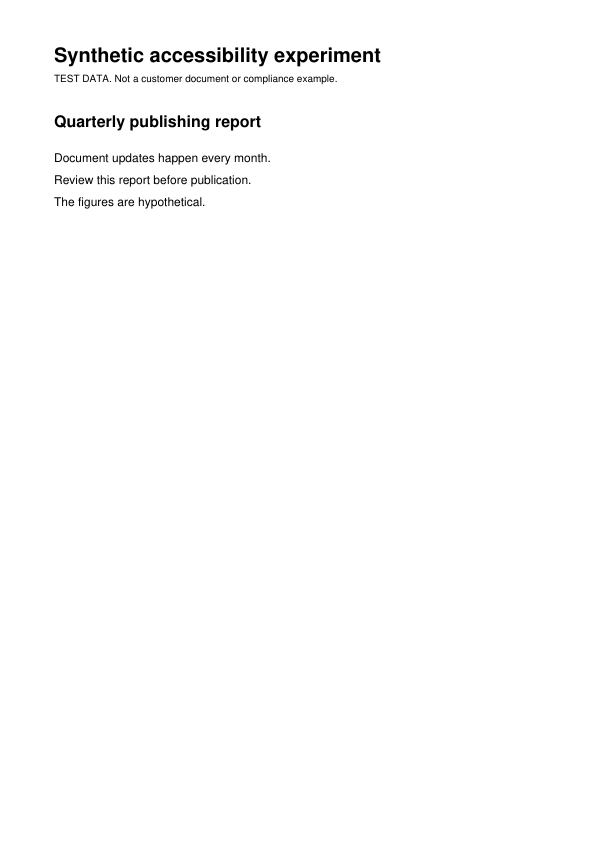 Synthetic publishing report with a title, section heading and three short paragraphs. Test data, not a customer document.